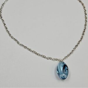 Blue Czech Glass Foil Pendant Necklace Silver Tone Chain